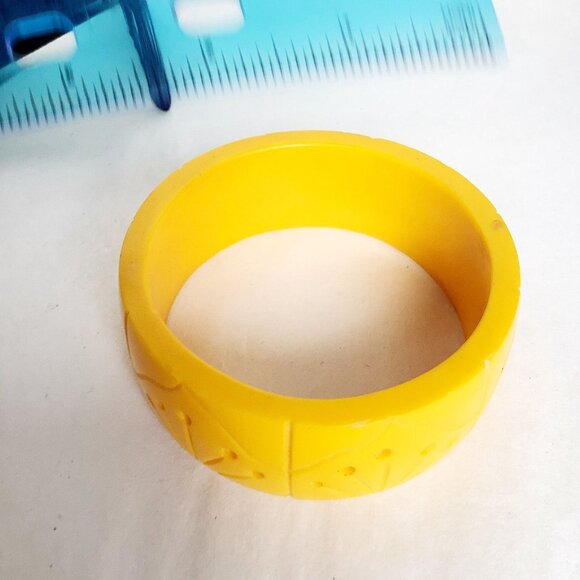 Carved Bangle Bracelet Bright Yellow Wide Thick and Heavy Spring Summer Bracelet - Picture 5 of 6